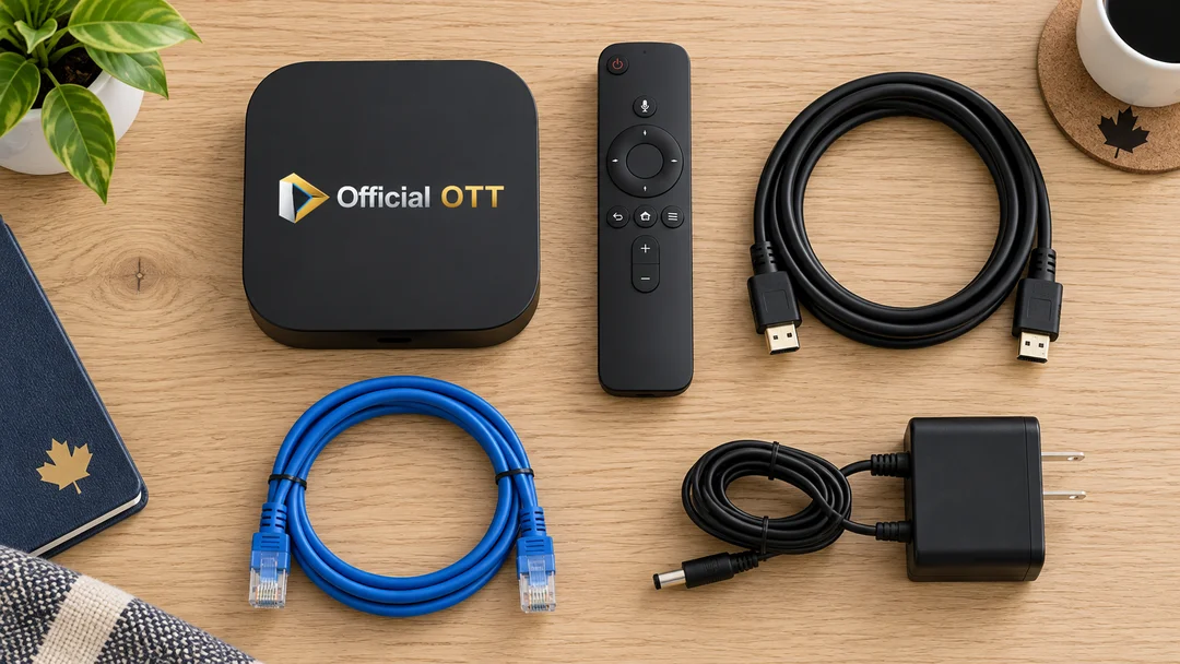 Generic player, remote and cables arranged on a table.