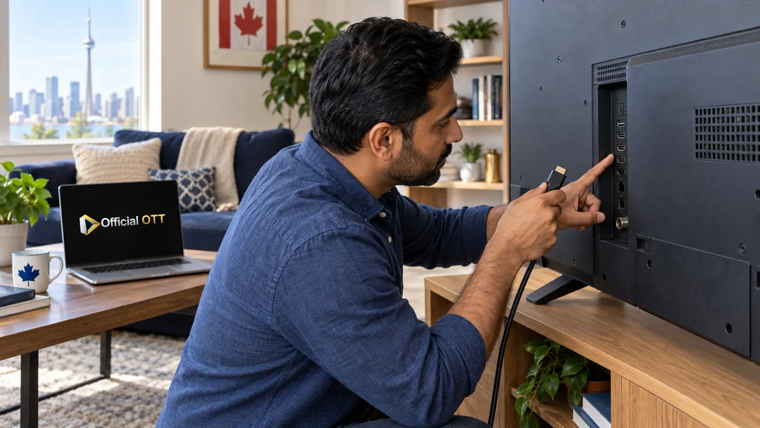 Person examining connections behind a television.