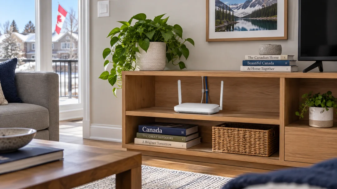 Router in an open position on a shelf at home.