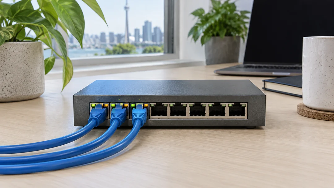 Generic network switch with several blue Ethernet cables.