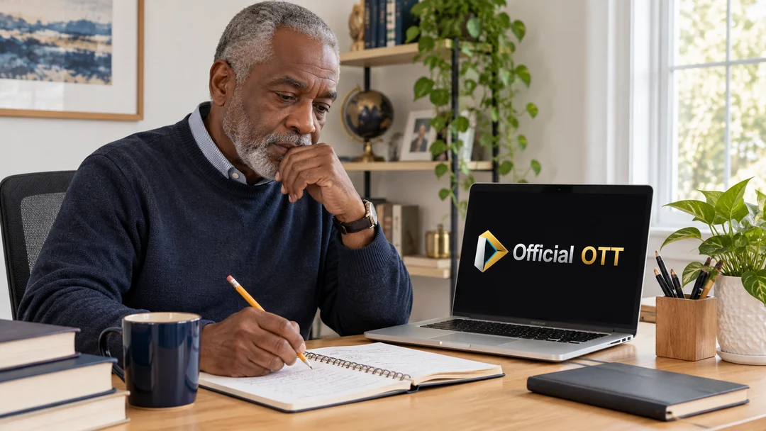Man examining a notebook of results beside a laptop.