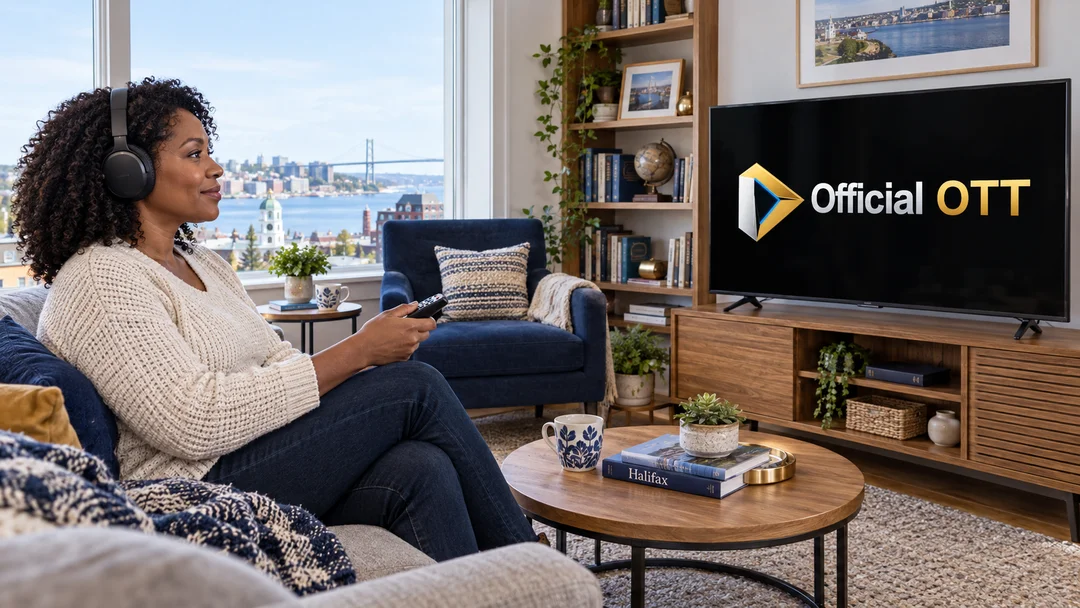 Woman wearing headphones and holding a remote beside a television.