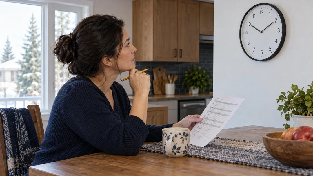 Adult comparing a wall clock with a printed schedule.