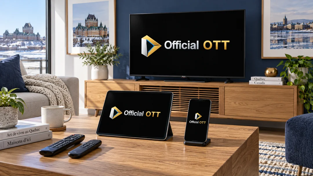 Television, tablet and phone displaying the OfficialOTT logo.