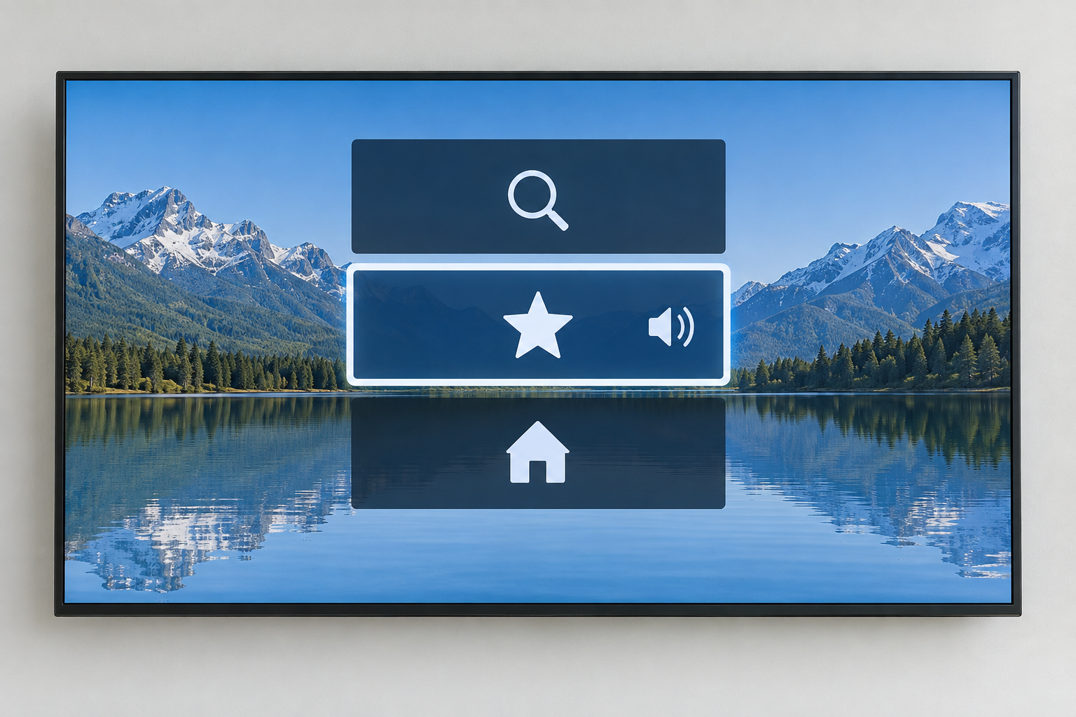 Illustration conceptuelle générée par IA : menu de télévision avec sélection visible et symbole de lecture vocale ; l’image ne démontre pas le fonctionnement audio.