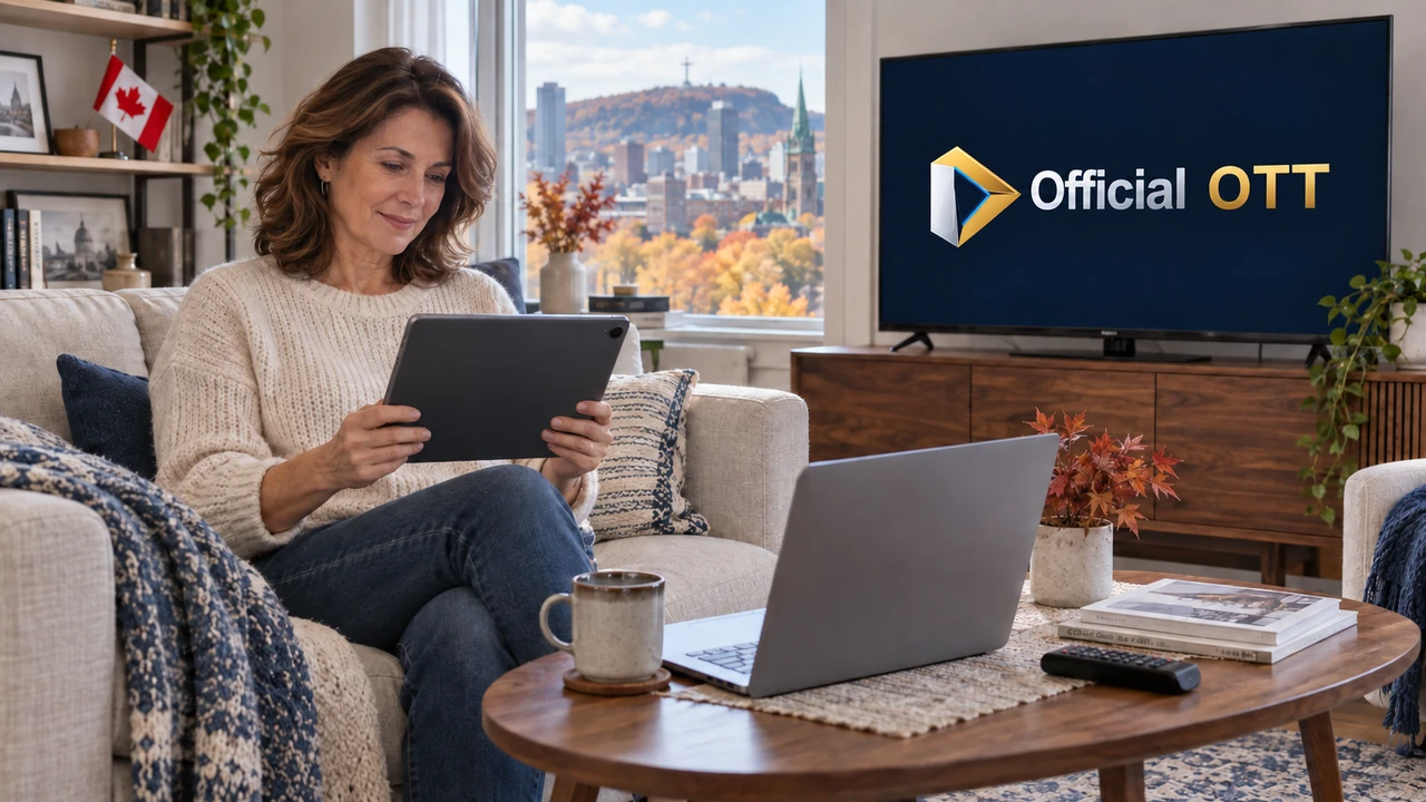 Femme tenant une tablette dans un salon avec ordinateur portable, téléviseur affichant OfficialOTT et drapeau canadien.