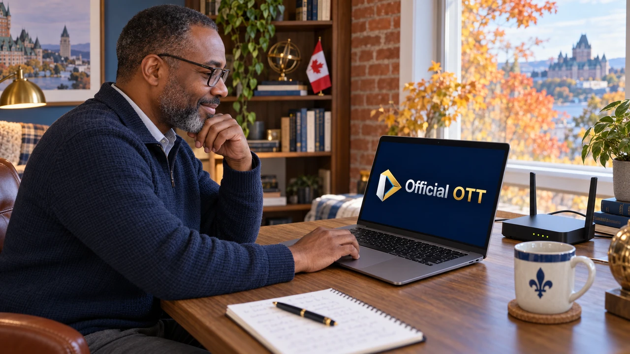 Homme utilisant un ordinateur portable affichant OfficialOTT, avec un routeur à proximité et un drapeau canadien dans le bureau.