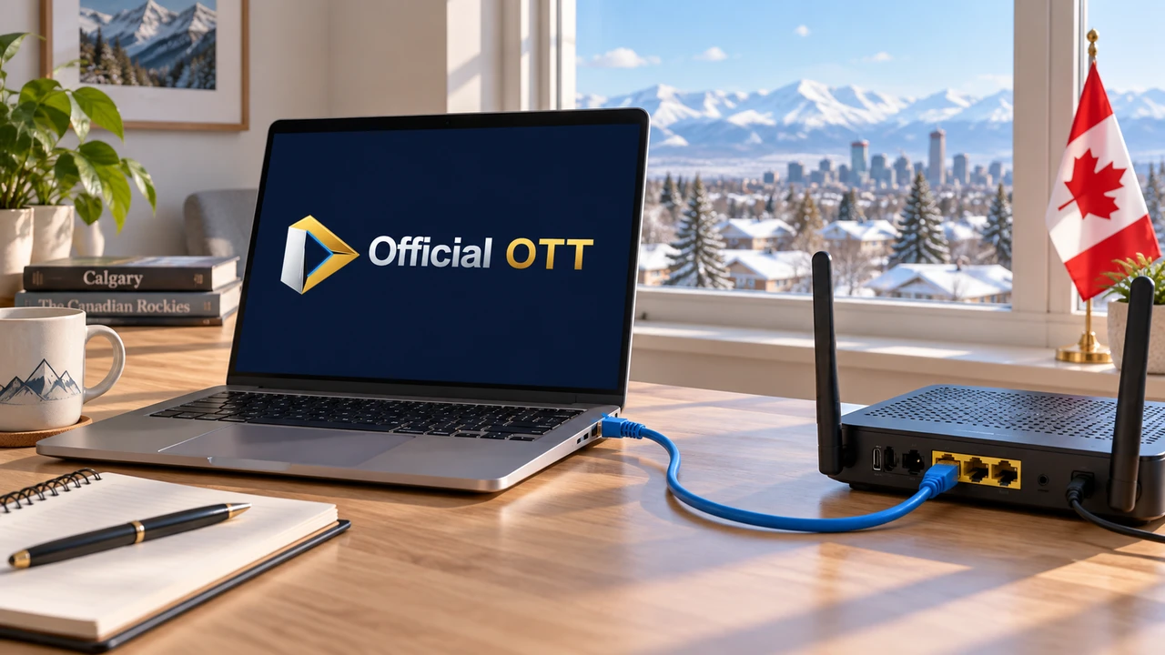 Laptop displaying OfficialOTT connected to a router by a blue Ethernet cable, with a Canadian flag on the desk.