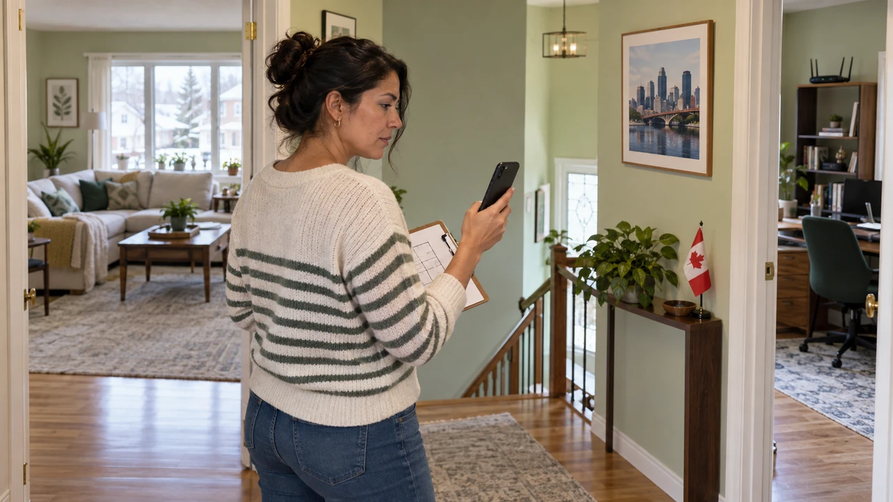 Woman checking her phone and holding a room plan in a hallway opening onto a living room and office, with a Canadian flag.
