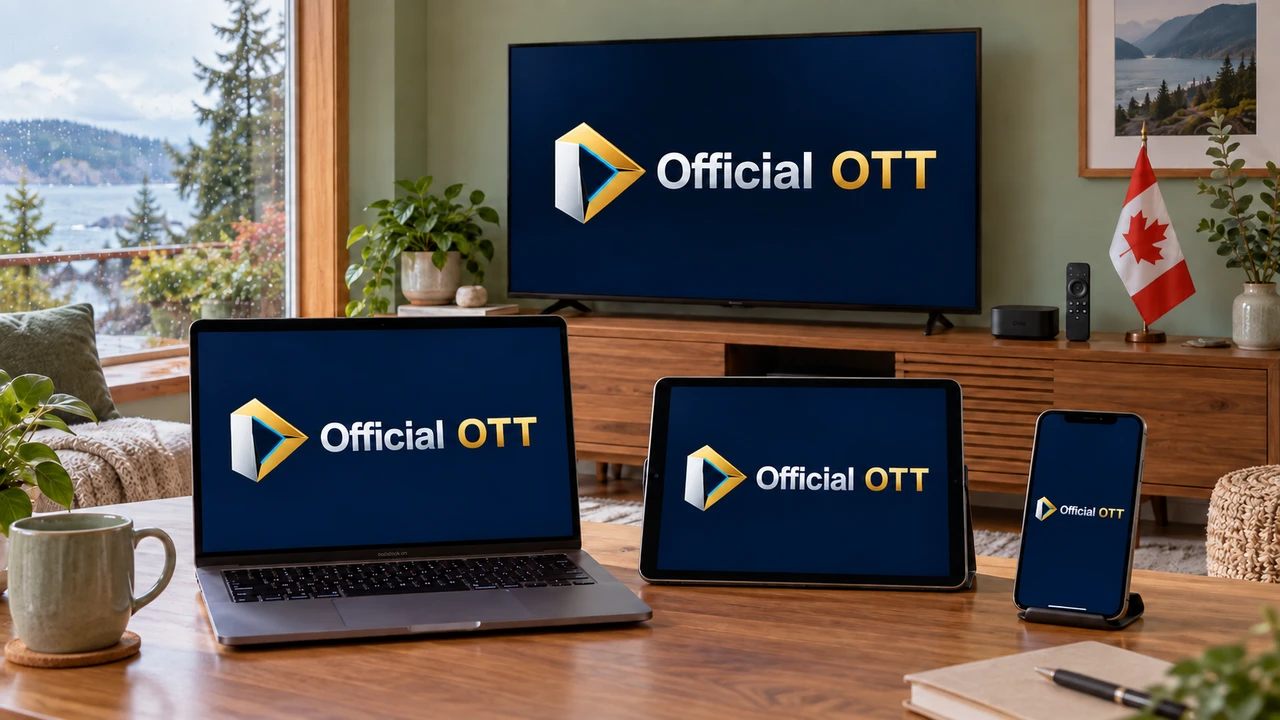 Téléviseur, ordinateur portable, tablette et téléphone affichant le logo OfficialOTT dans un salon avec un drapeau canadien.