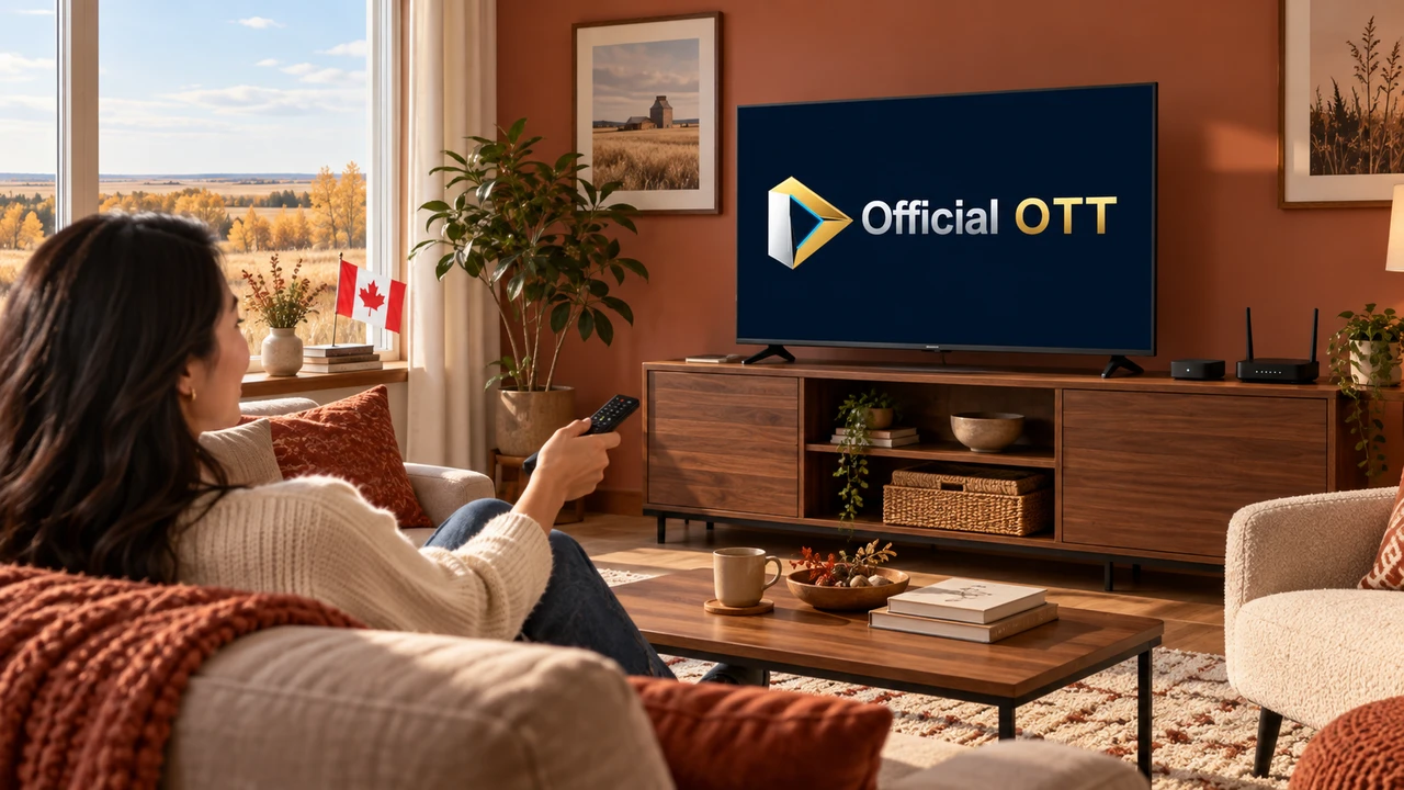 Femme utilisant une télécommande devant un téléviseur affichant OfficialOTT, avec un boîtier, un routeur et un drapeau canadien dans le salon.