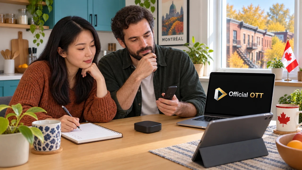 Deux adultes comparent un boîtier et une télécommande avec un carnet, une tablette et un ordinateur OfficialOTT dans une cuisine canadienne.