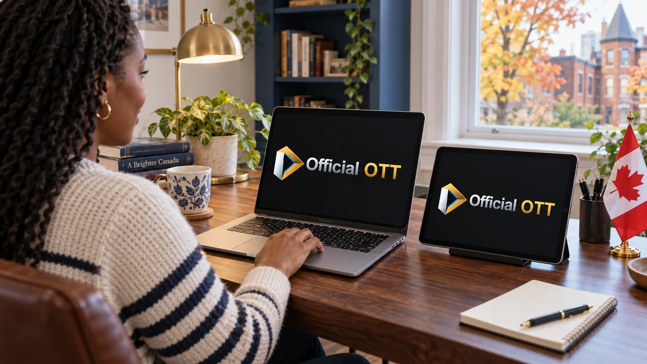 Femme utilisant un ordinateur portable et une tablette affichant OfficialOTT dans un bureau avec un drapeau canadien.
