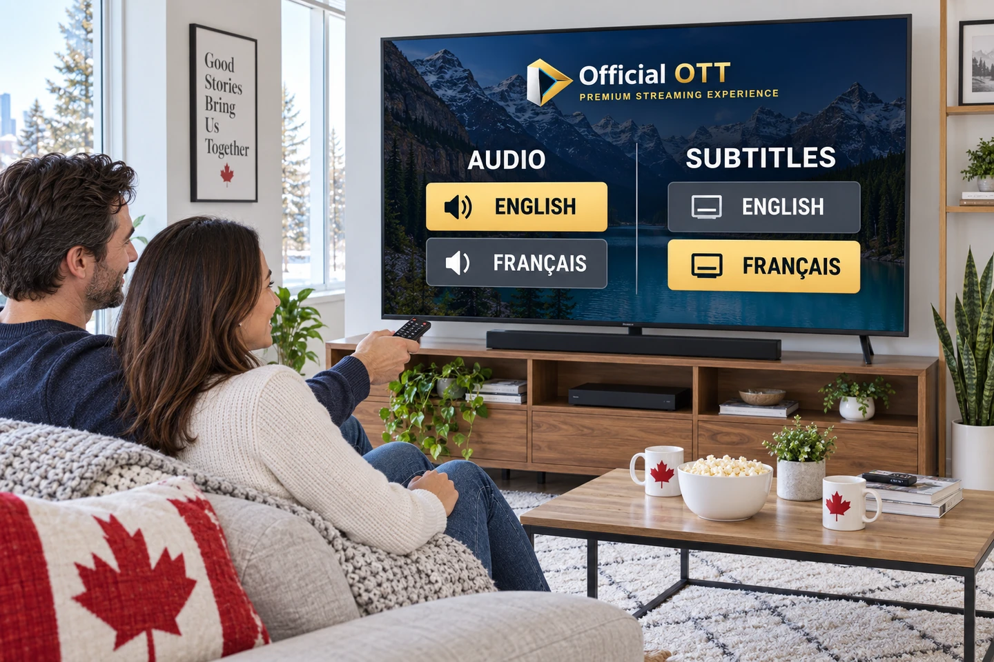 AI-generated conceptual illustration, fictional interface: choose audio and subtitles separately. OfficialOTT logo on the displays.