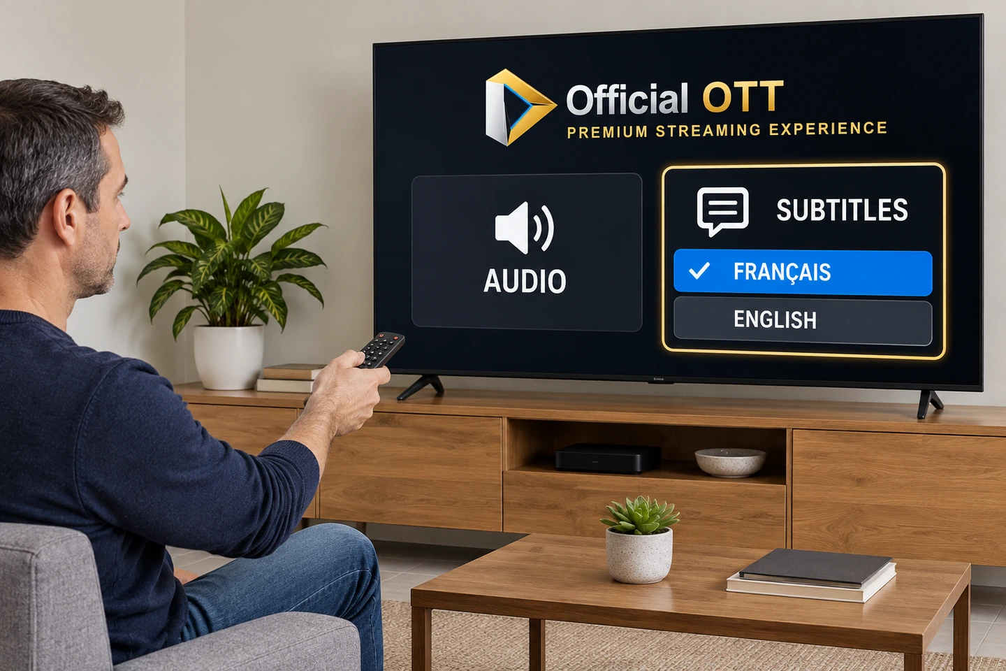 AI-generated conceptual illustration, fictional interface: open playback controls. OfficialOTT logo on the displays.