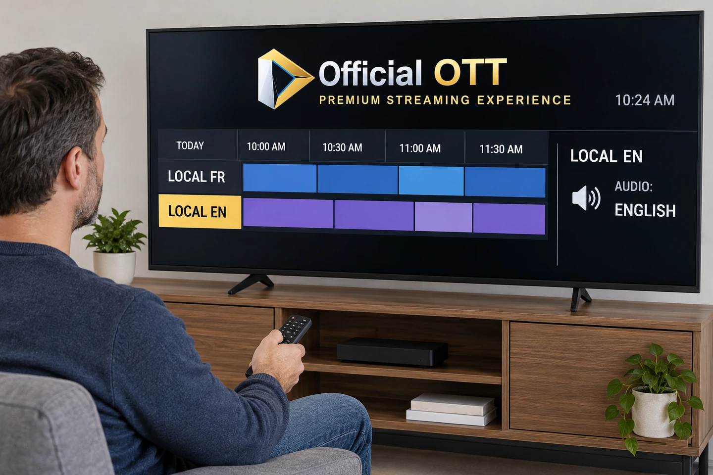 AI-generated conceptual illustration, fictional interface: compare the tv guide and audio track. OfficialOTT logo on the displays.