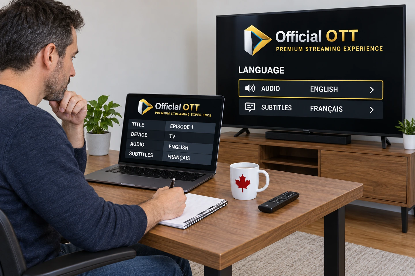 AI-generated conceptual illustration, fictional interface: prepare useful observations for support. OfficialOTT logo on the displays.