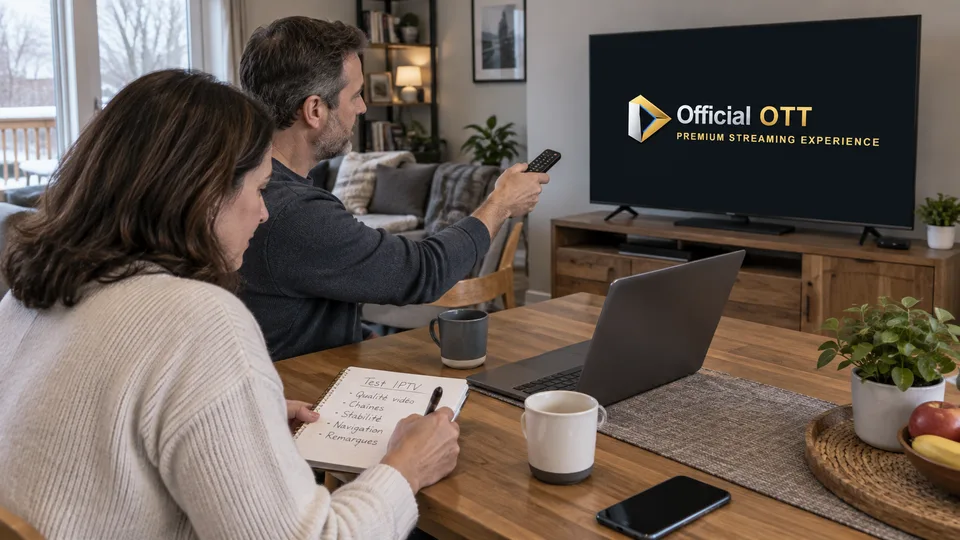 A couple tests the television and records observations.