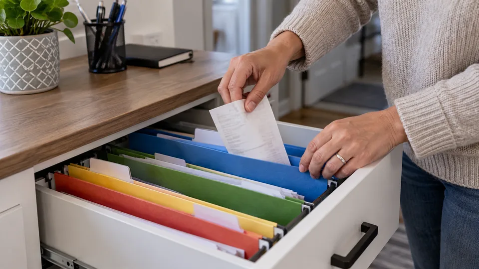 Filing a receipt in a folder.