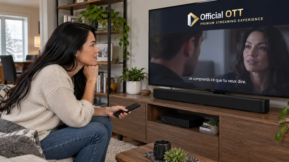 Une femme écoute une scène de dialogue sur une télévision équipée d’une barre de son.