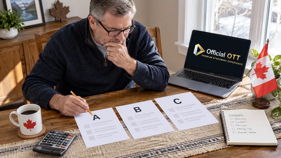 A man compares paper options A, B and C beside a Canadian flag.
