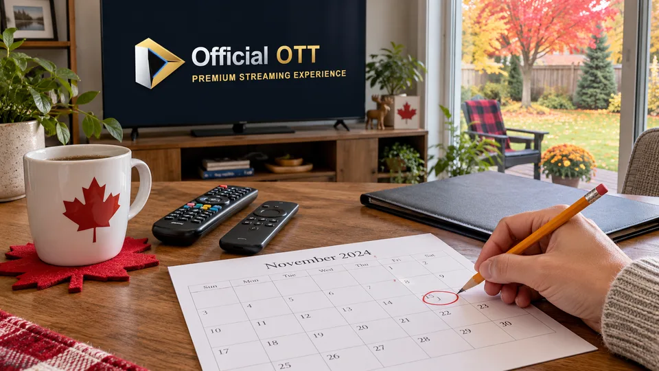 A hand marks an illustrative calendar beside remotes and maple-leaf decor.