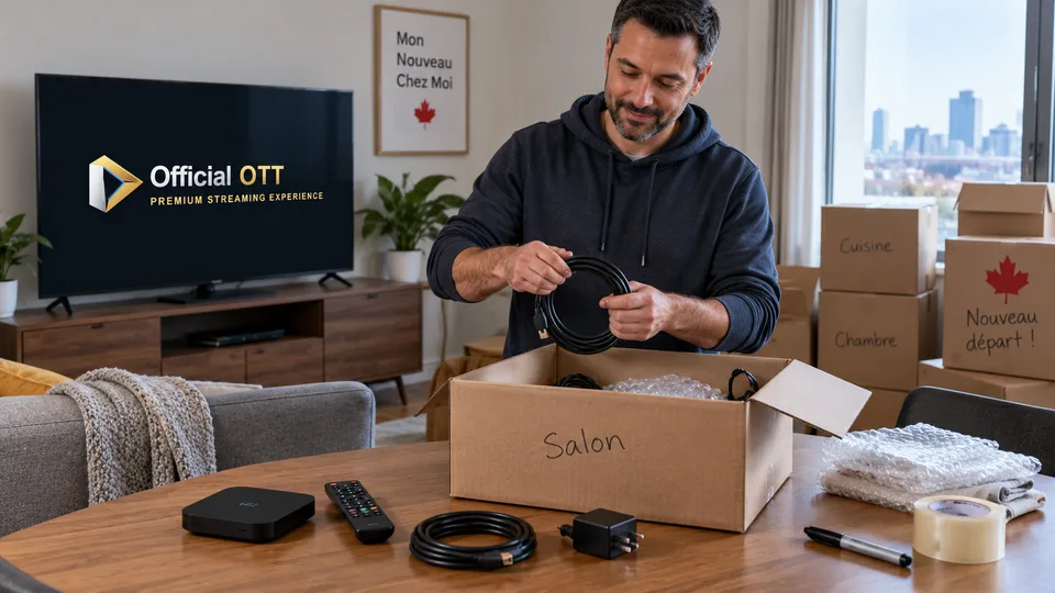 Packing television accessories before departure.