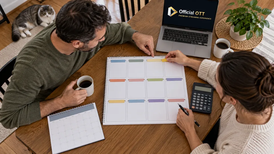 A couple organizes an annual plan using tabs and a calculator.