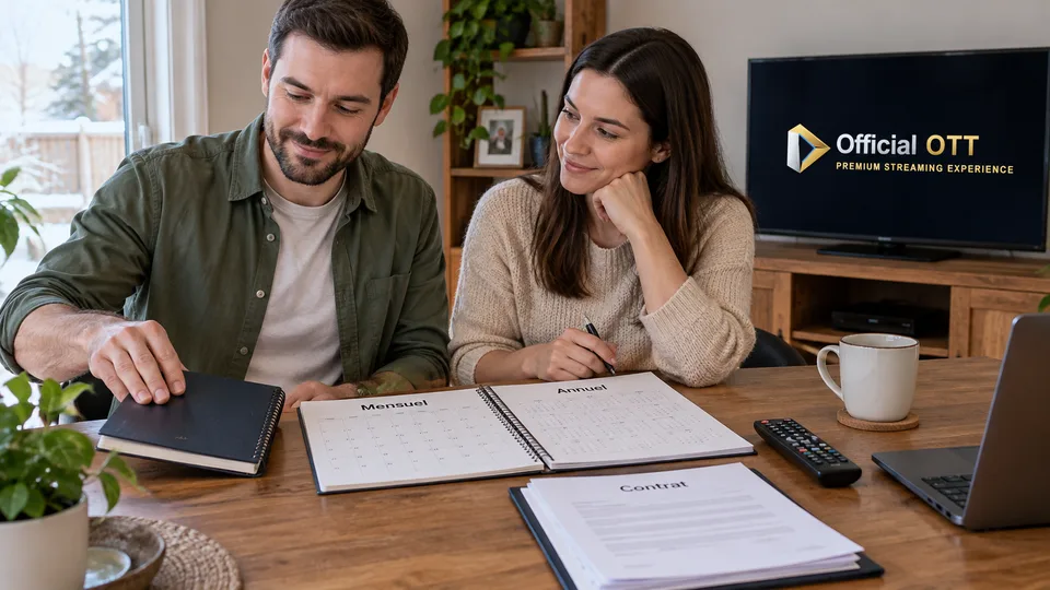 A couple finishes comparing monthly and annual plans.