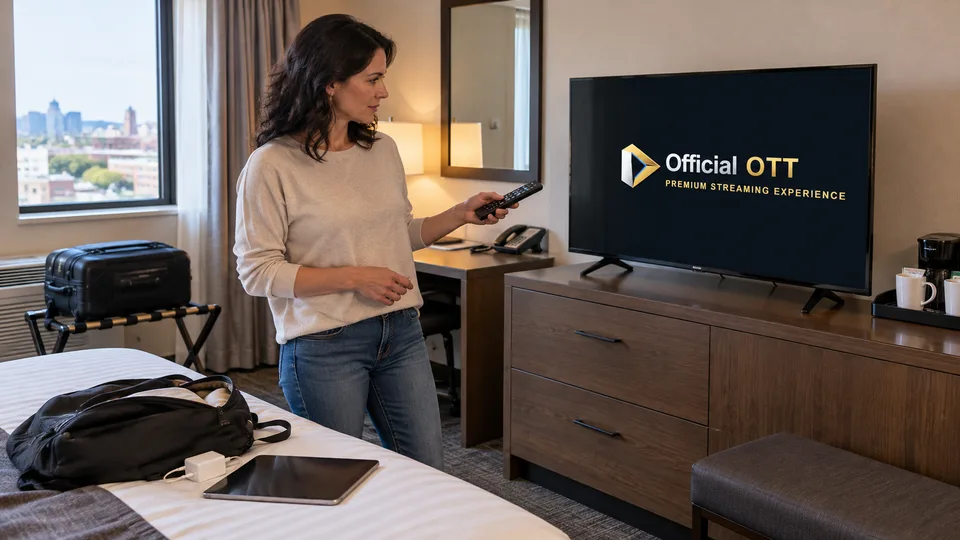 Checking the television in a hotel room.