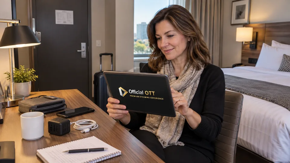 Using a personal tablet in a hotel room.