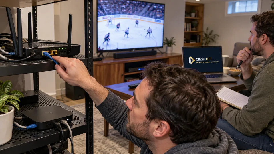 Checking an Ethernet cable between living-room devices.