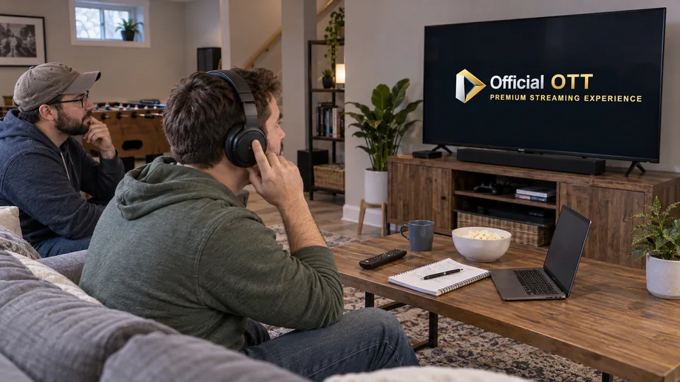 Listening through headphones during a television check.