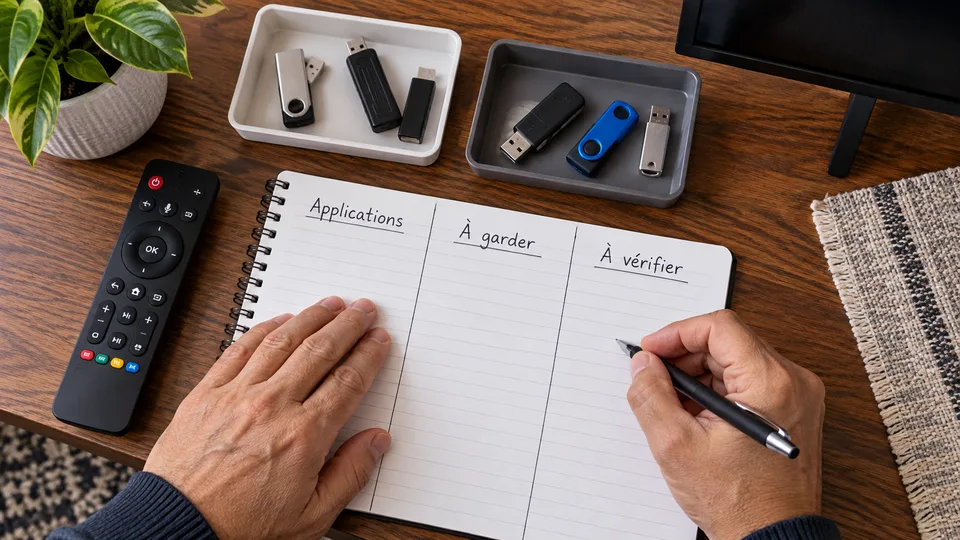 An app inventory in a notebook with USB drives nearby.