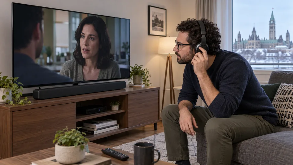 A man wearing headphones watches a dialogue scene on television.