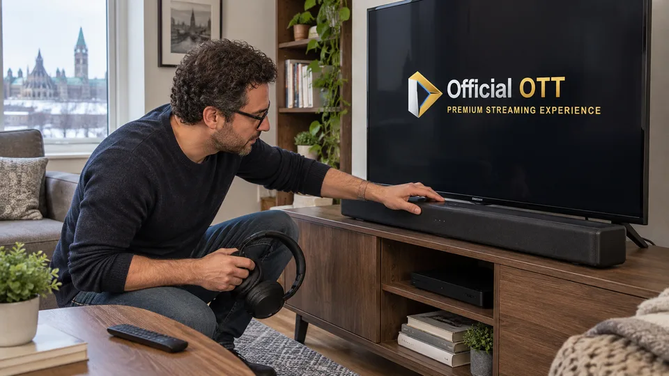 Checking a soundbar while holding headphones.