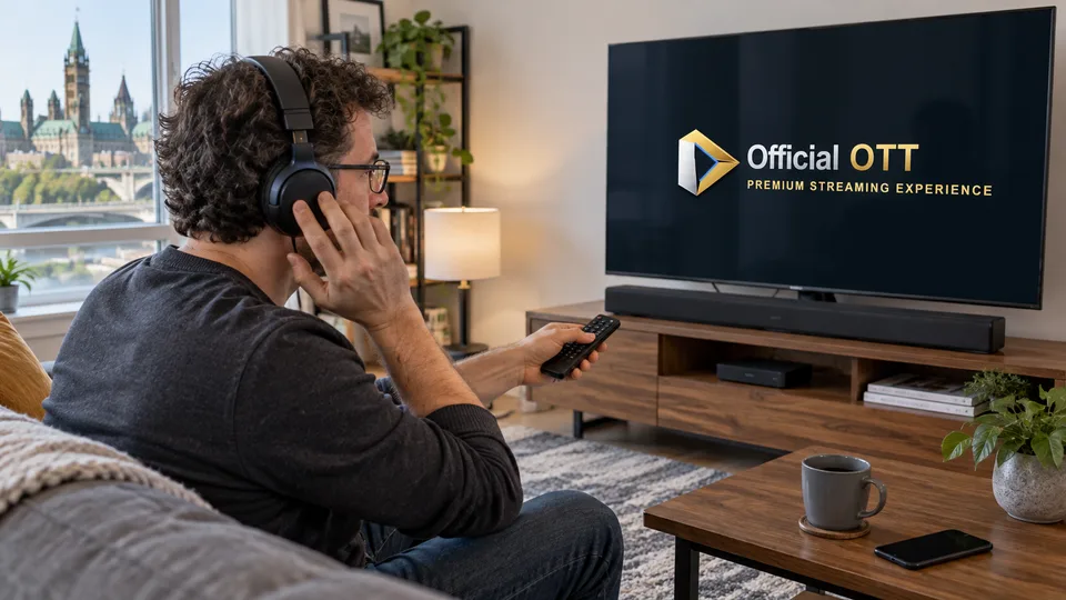 Testing headphone listening in front of the television.