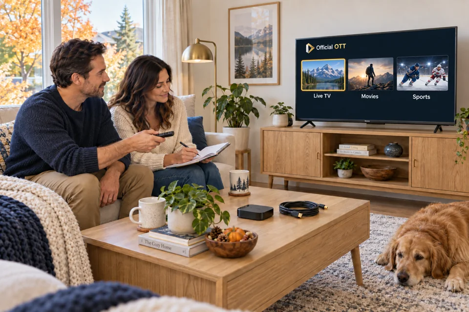 Un couple prépare son installation de diffusion à domicile, avec des émissions en direct, des films et du sport affichés sur le téléviseur.