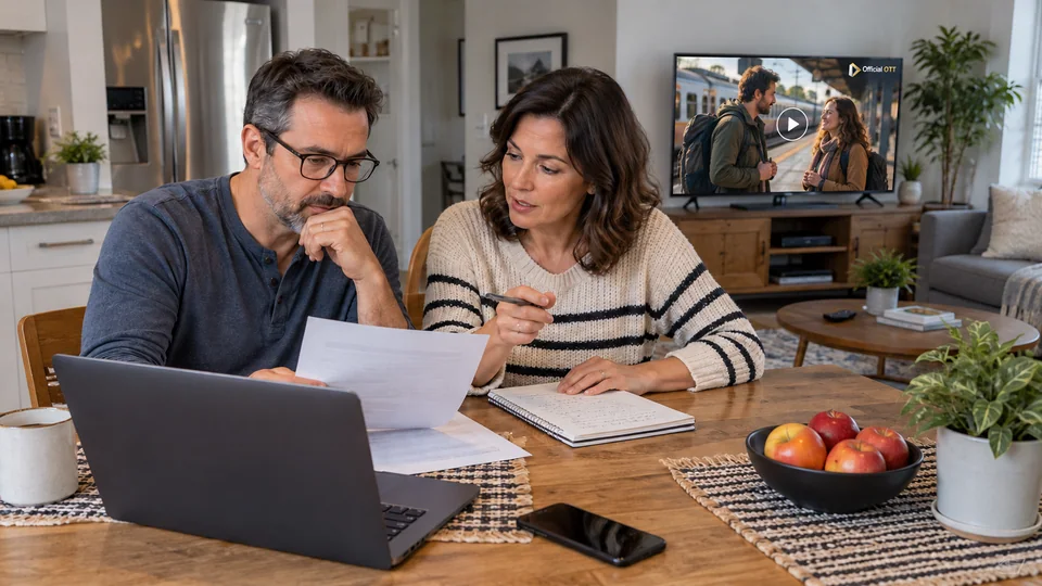 A couple compares television needs using documents and a computer.