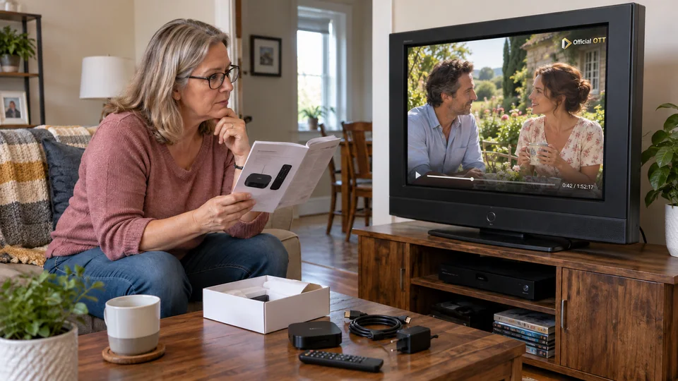 An older television in a living room equipped for streaming.