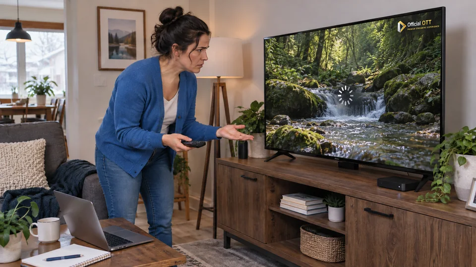 A woman observes an illustrative loading screen on television.