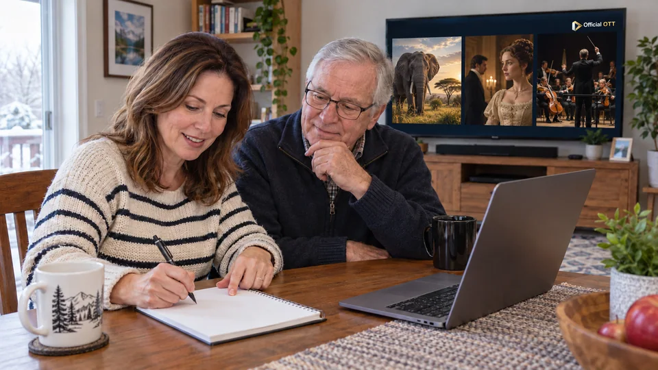 Two people plan their choice in a notebook beside a laptop