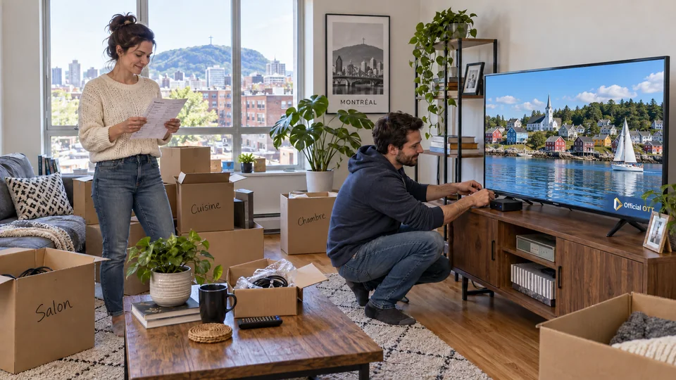 Setting up a television in a living room with moving boxes.