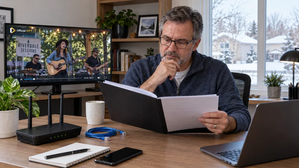 Un lecteur examine son dossier avec un routeur et un câble Ethernet sur le bureau