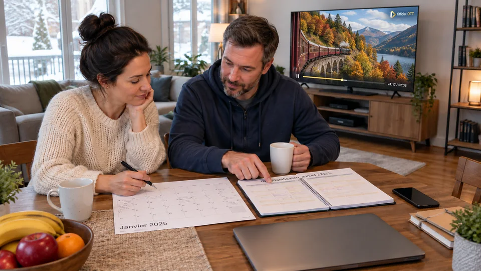 A couple examines calendars to plan viewing use.