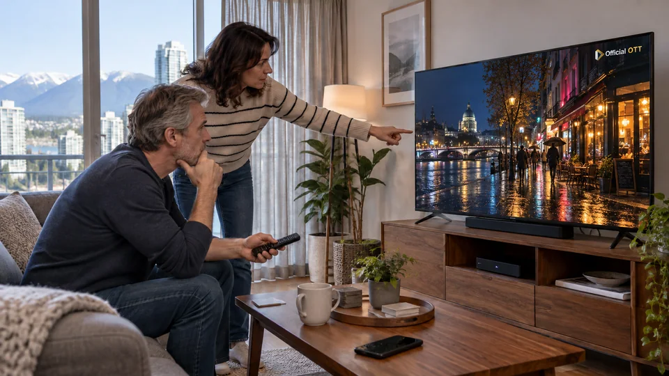 Un couple examine l’image du téléviseur dans un salon lumineux.