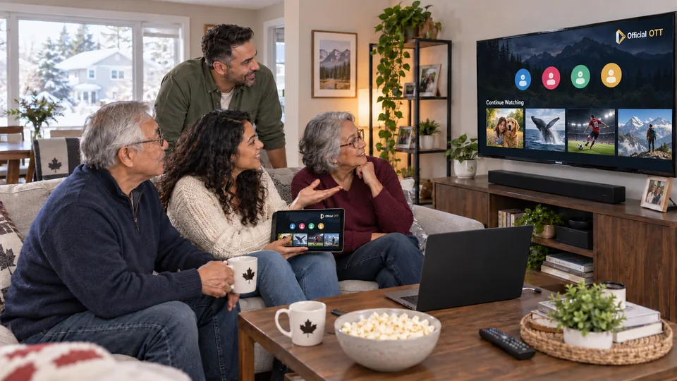Plusieurs personnes échangent autour du téléviseur, avec une tablette et un ordinateur