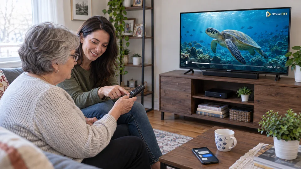 Une adulte explique la télécommande à une personne plus âgée.