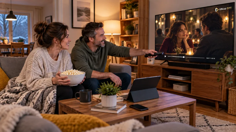 A couple prepares a movie evening in the living room.