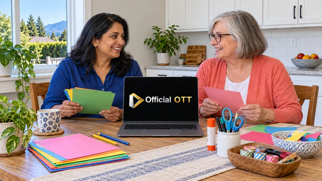 Two adults plan a paper-craft session beside a laptop